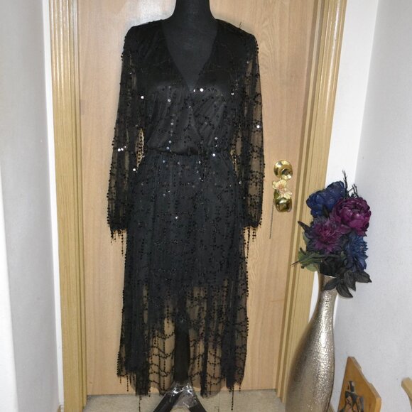 Dress Day Black Sequined Long Sleeve Sequined High Low Dress - Picture 1 of 12